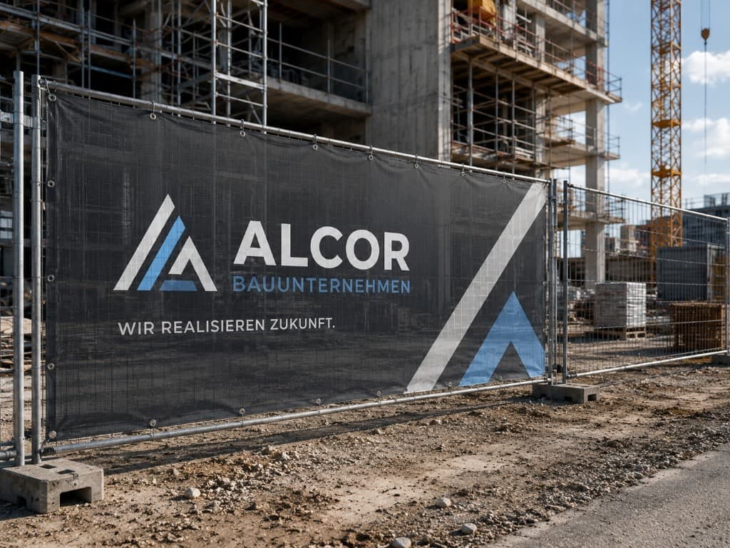 Bauzaunbanner von Alcor Bauunternehmen mit Firmenlogo an einem Bauzaun