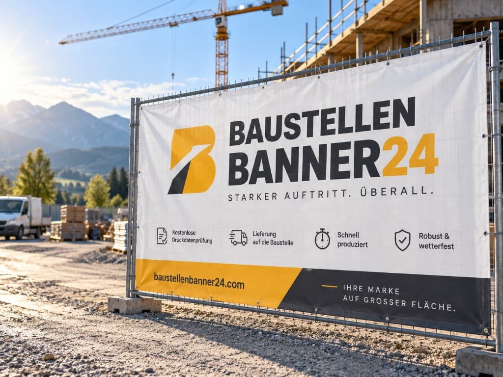 Bauzaunbanner von Baustellenbanner24 mit Logo und Claim am Bauzaun vor einer Baustelle