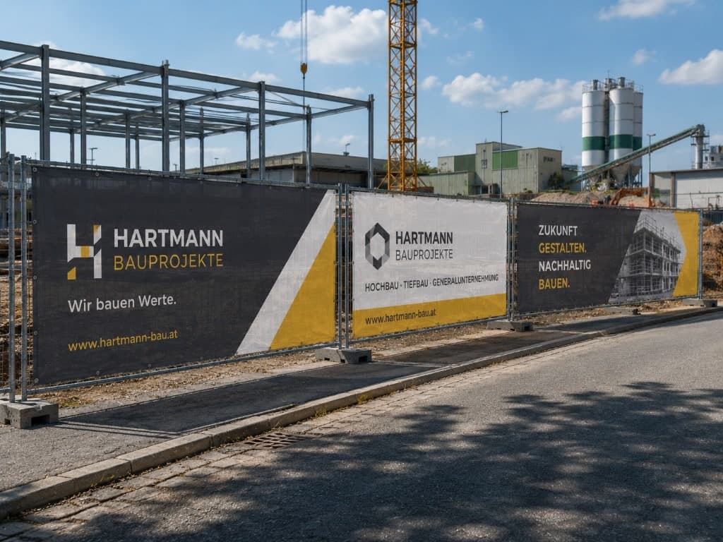 Drei verschiedene Bauzaunbanner von Hartmann Bauprojekte an einem Bauzaun vor einer Baustelle