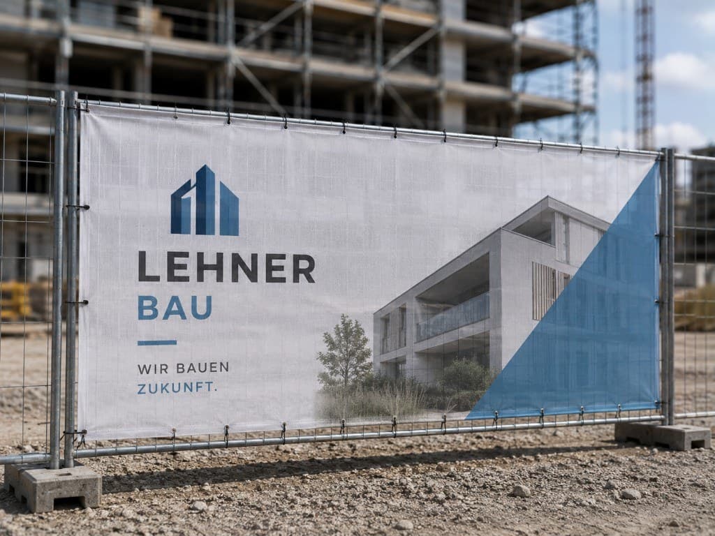 Bauzaunbanner von Lehner Bau mit Logo, Slogan und Architektur-Visualisierung am Bauzaun