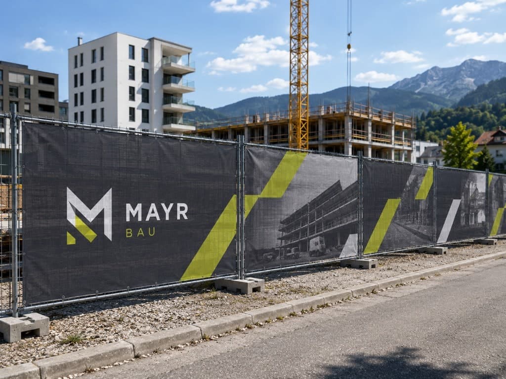 Bauzaunbanner von Mayr Bau mit Logo und diagonalen Akzenten vor einem Stadtbauprojekt