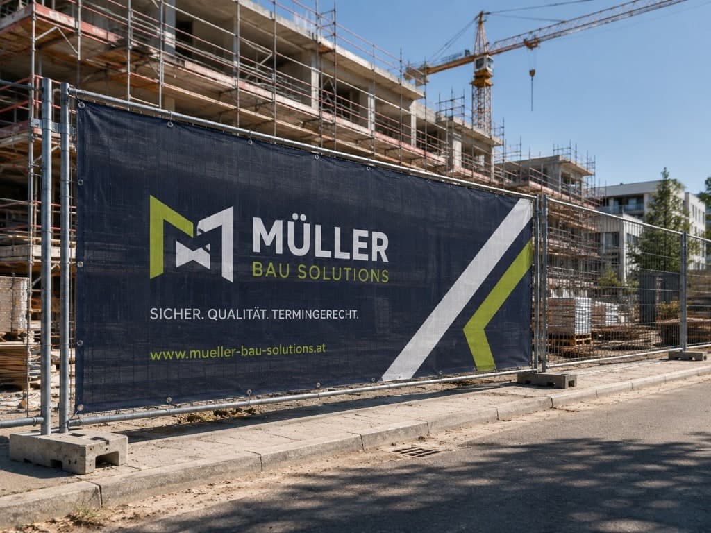 Mesh-Bauzaunbanner von Müller Bau Solutions mit Logo und Slogan vor einer Baustelle mit Kran