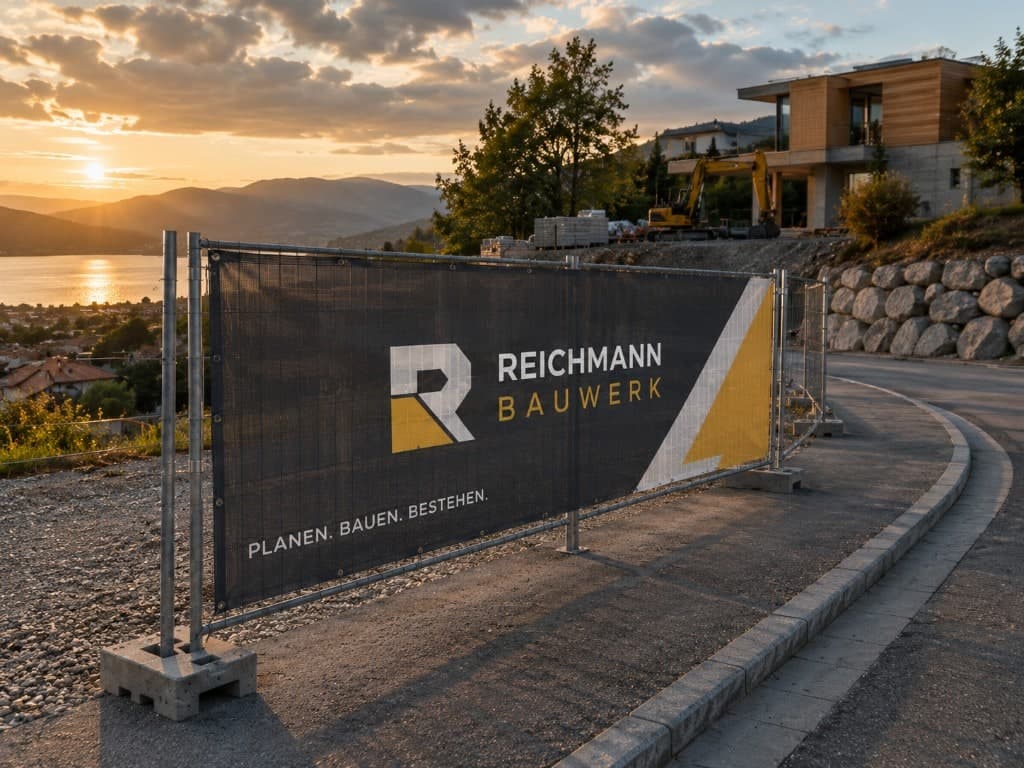 Bauzaunbanner von Reichmann Bauwerk mit Logo und Slogan an einem Bauzaun bei Sonnenuntergang