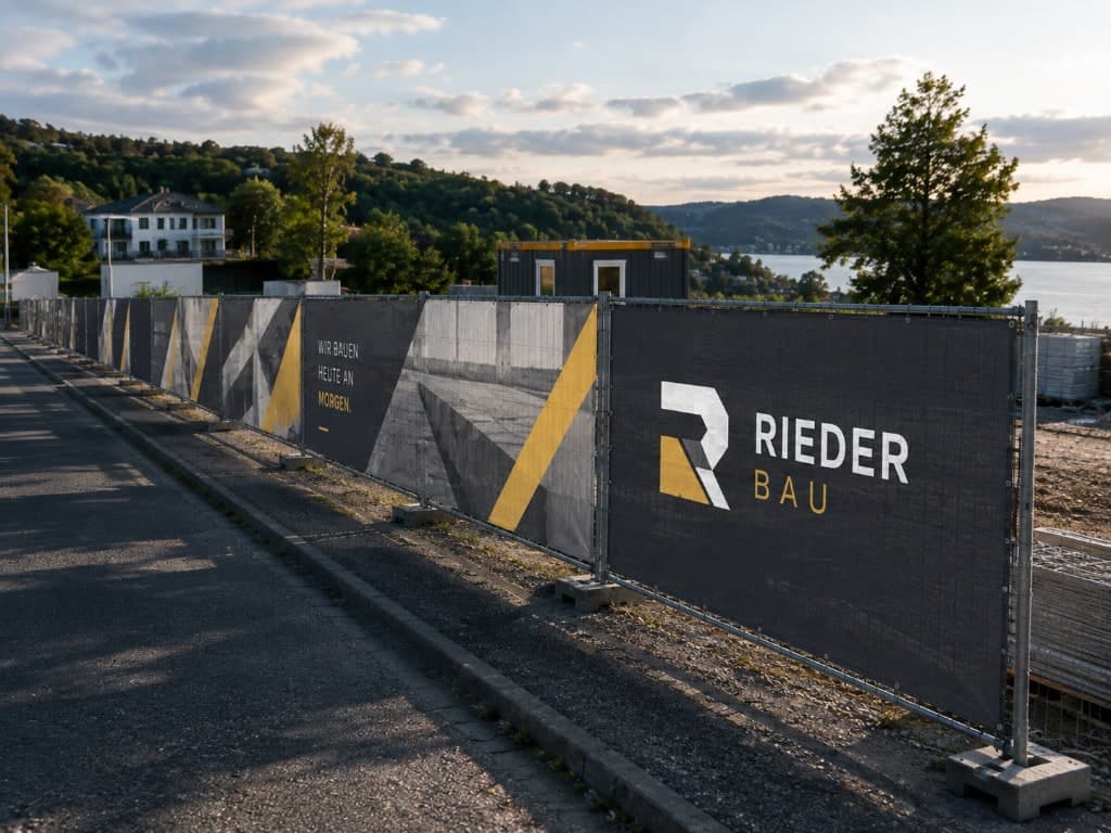 Bauzaunbanner von Rieder Bau mit Slogan entlang eines Bauzauns
