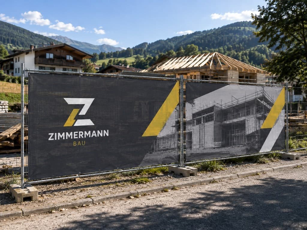 Bauzaunbanner von Zimmermann Bau mit Logo und Gebäude-Motiv an einem Bauzaun in alpinem Gelände