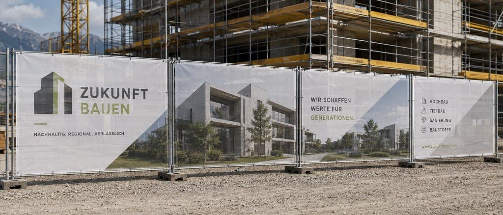 Mehrteiliges Bauzaunbanner von Zukunft Bauen mit Logo, Visualisierung, Slogan und Leistungsfeldern entlang eines Bauzauns