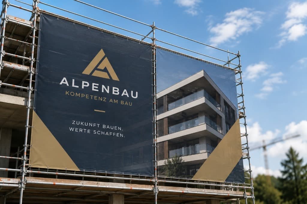 Gerüstbanner von Alpenbau mit Logo und Wohnhaus-Visualisierung am Fassadengerüst