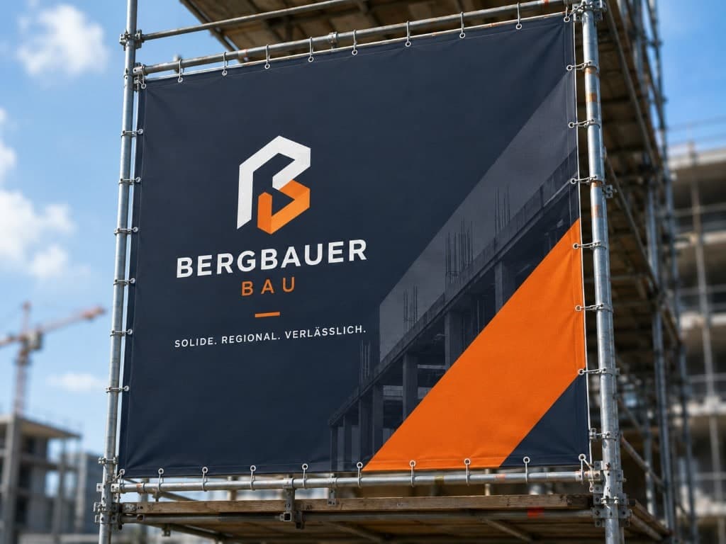 Gerüstbanner von Bergbauer Bau mit Logo und Slogan am Metallgerüst