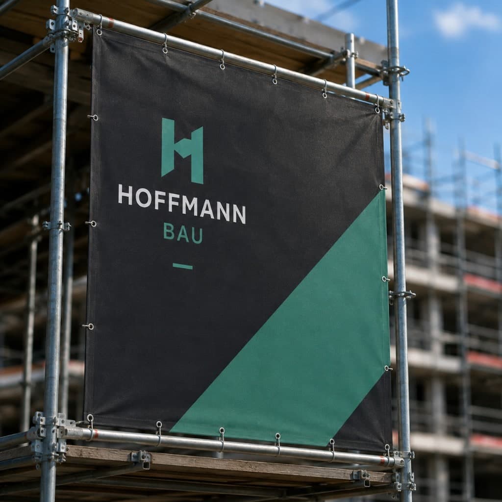 Einzelnes quadratisches Gerüstbanner von Hoffmann Bau mit Firmenlogo am Metallgerüst
