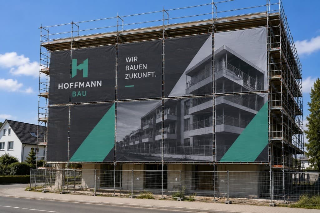 Sechsteiliges Gerüstbanner von Hoffmann Bau mit Slogan und Projekt-Visualisierung am Fassadengerüst