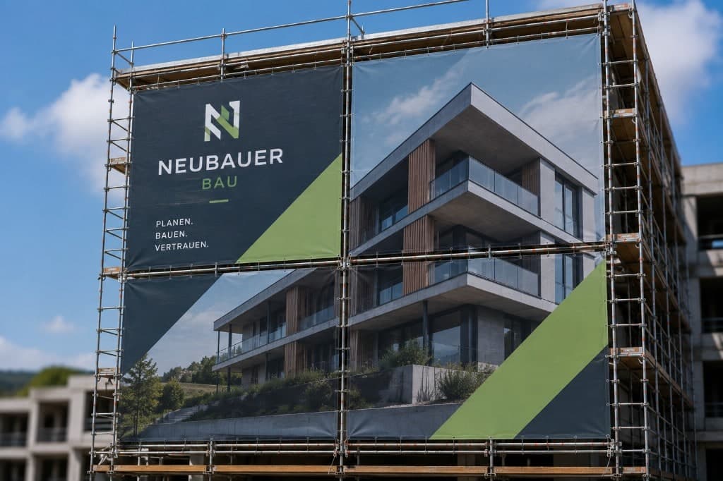Vierfeldriges Gerüstbanner von Neubauer Bau mit Logo und Architektur-Visualisierung
