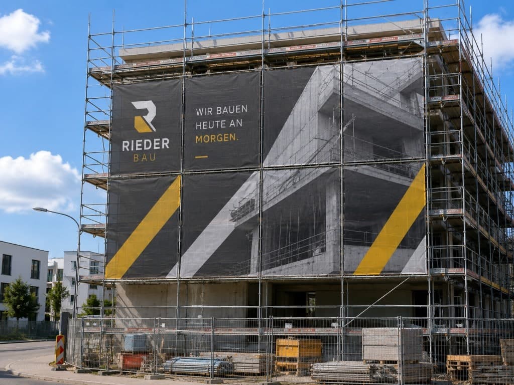 Gerüstbanner von Rieder Bau mit Logo, Slogan und Architektur-Visualisierung an einem eingerüsteten Neubau
